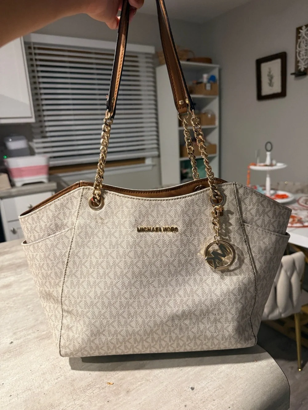 Michael Kors Beige Cream Signature Logo Tote with Gold Chain Handles